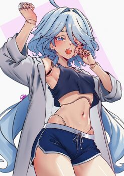 1girl absurdres arms_up blue_hair breasts cracked_skin doll doll_joints fukou furina_(genshin_impact) genshin_impact hand_on_own_face highres joints lab_coat medium_breasts navel puppet shorts thighs