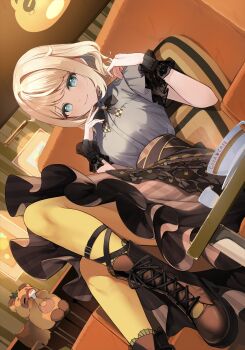 1girl absurdres aqua_eyes black_bow black_bowtie black_skirt black_wrist_cuffs blonde_hair bow bowtie closed_mouth commentary_request cowengium frilled_skirt frills grey_shirt hair_flaps hands_up highres hololive indoors kazama_iroha kazama_iroha_(maid) knee_up lace lace_sleeves looking_at_viewer official_alternate_costume pantyhose pokobee shirt shirt_tucked_in short_hair short_sleeves sitting skirt smile solo virtual_youtuber wrist_cuffs yellow_pantyhose