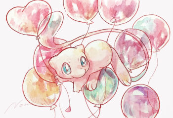 animal_focus balloon blue_eyes commentary_request floating full_body gen_1_pokemon heart_balloon legendary_pokemon mew_(pokemon) mythical_pokemon nintendo no_humans non_(kumakawayusu) painting_(medium) pokemon pokemon_(creature) signature simple_background solo traditional_media watercolor_(medium) white_background