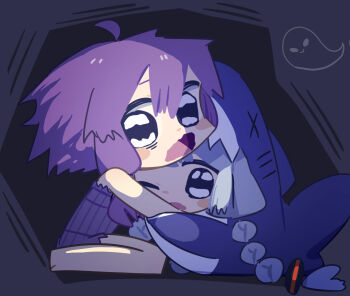 2girls ahoge animal_costume bare_arms bare_shoulders barefoot blue_eyes blush_stickers braid chibi chibi_only commentary_request double-parted_bangs dress full_body ghost grey_hair hair_between_eyes highres kizuna_akari konohoshi long_hair looking_at_viewer multiple_girls one_eye_closed open_mouth purple_dress scared shark_costume short_hair_with_long_locks sitting sleeveless sleeveless_dress twin_braids vocaloid voiceroid yuzuki_yukari