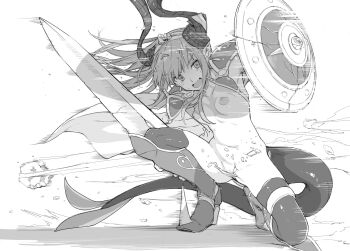 1girl black_thighhighs daftbonkers elizabeth_bathory_(brave)_(fate) elizabeth_bathory_(fate) fate/grand_order fate_(series) female_focus female_pubic_hair greyscale highres holding holding_sword holding_weapon horns kneeling monochrome nipples on_one_knee pointy_ears pubic_hair shield sketch solo sword thighhighs weapon