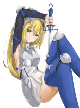 1girl absurdres aiz_wallenstein armor black_gloves blonde_hair blue_boots blue_thighhighs boots breastplate breasts closed_mouth dungeon_ni_deai_wo_motomeru_no_wa_machigatteiru_darou_ka gauntlets gloves hair_between_eyes hairband headgear highres holding holding_sword holding_weapon knee_pads long_hair long_sleeves looking_at_viewer medium_breasts serious sidelocks simple_background solo sword sword_oratoria thigh_boots thighhighs weapon white_background yellow_eyes yossui