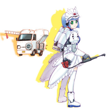 1990s_(style) blue_hair dendrobium_schema green_eyes gundam gundam_0083 gundam_gp-03_stamen kei_truck ladder maid mecha_musume motor_vehicle pickup_truck retro_artstyle solo truck ueyama_michirou