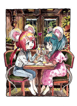 Rule 34 | 1boy, 1girl, absurdres, alcohol, animal ears, barefoot, belominas (eudetenis), blue hair, blue necktie, buck teeth, capelet, champagne, champagne flute, commentary, couple, culottes, cup, dress, drinking glass, ear piercing, english commentary, eudetenis, eye contact, fewer digits, full body, hair ornament, hairclip, heart, highres, holding hands, husband and wife, long hair, looking at another, low twintails, mouse boy, mouse ears, mouse girl, mouse tail, necktie, original, painting (medium), piercing, pink capelet, pink dress, red hair, restaurant, shirt, short hair, sitting, striped clothes, striped shirt, suspenders, tail, teeth, traditional media, twintails, watercolor (medium)