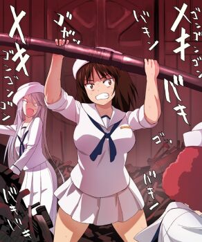 3girls a1_(initial-g) blue_eyes blue_neckerchief blush breasts brown_eyes brown_hair clenched_teeth dress eyebrows flint_(girls_und_panzer) girls_und_panzer hat large_breasts legs_apart long_hair medium_hair multiple_girls murakami_(girls_und_panzer) neckerchief open_mouth parody red_hair rum_(girls_und_panzer) sailor_dress short_hair skirt small_breasts star_wars star_wars:_a_new_hope sweat teeth very_long_hair white_hair white_skirt