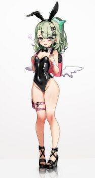 1girl absurdres animal_ears backpack bad_tag bag blush breasts chinatsu_remiel covered_navel fake_animal_ears fang female_focus full_body green_eyes green_hair hair_ornament hairclip halo high_heels highres kiari_art leotard loli looking_at_viewer playboy_bunny ponytail rabbit_ears shoes side_ponytail small_breasts solo standing thighs wavy_mouth wings zenless_zone_zero