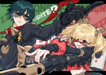 Rule 34 | 1boy, 1girl, absurdres, black gloves, black jacket, black skirt, blonde hair, boots, breasts, burnice white, flamethrower, gloves, green hair, highres, jacket, kikka 0141, lighter (zenless zone zero), looking at viewer, open mouth, pleated skirt, pointing, red eyes, short twintails, skirt, sunglasses, twintails, weapon, zenless zone zero