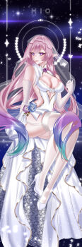 1girl absurdres alternate_costume breasts bridal_veil cleavage commentary cyrene_(honkai:_star_rail) cyrene_(ripples_of_past_reverie)_(honkai:_star_rail) diamond-shaped_pupils diamond_(shape) elbow_gloves garter_straps gloves gradient_hair halo high_heels highres honkai:_star_rail honkai_(series) incredibly_absurdres large_breasts leotard long_hair mio_(xwyj4552) multicolored_hair parted_lips pink_hair pointy_ears purple_eyes purple_hair sky smile solo star_(sky) starry_sky symbol-shaped_pupils thighhighs thighs veil very_long_hair white_garter_straps white_gloves white_hair white_leotard white_thighhighs