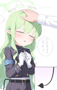 1boy 1girl absurdres armband belt blue_archive blue_armband buttons closed_eyes commentary demon_tail double-breasted gloves green_hair green_halo halo hand_on_another&#039;s_head happy headpat highres hikari_(blue_archive) long_hair long_sleeves own_hands_together parted_lips pita_goral pointy_ears sensei_(blue_archive) simple_background smile solo_focus sound_effects speech_bubble tail translated upper_body variant_set white_background white_gloves