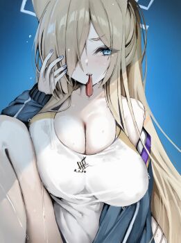 1girl animal_ears blonde_hair blue_archive blue_background blue_eyes blue_halo blue_jacket blush breasts cleavage collarbone commentary_request dog_ears hair_over_one_eye halo hand_in_own_hair highres huge_breasts ichigo_moka jacket kanna_(blue_archive) kanna_(swimsuit)_(blue_archive) knee_up long_hair long_sidelocks looking_to_the_side nail_polish one-piece_swimsuit sidelocks solo splashing swimsuit upper_body v-shaped_eyebrows wet wet_clothes whistle white_one-piece_swimsuit