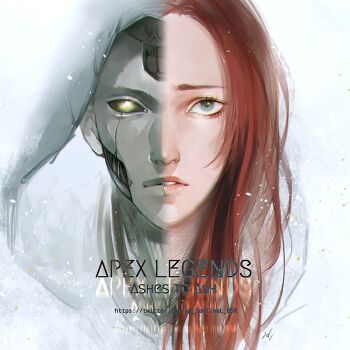 2girls android apex_legends ash_(titanfall_2) ashleigh_reid black_sclera blue_eyes colored_sclera copyright_name dual_persona glowing glowing_eye hood hood_up long_hair multiple_girls parted_lips portrait red_hair sentinel_ga_koku_ni_aru simulacrum_(titanfall) split_screen watermark web_address yellow_eyes