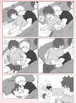 6koma angry athena_av bakudeku bakugou_katsuki bed bed_sheet blanket blush boku_no_hero_academia comic curly_hair freckles messy_hair midoriya_izuku nervous on_bed pajamas pants pillow scar scar_on_arm scar_on_face shirt shorts sleeping smile spiked_hair stuffed_toy yaoi