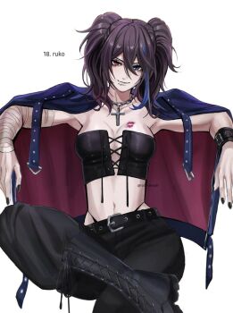 Rule 34 | 1girl, bandaged arm, bandages, belt, black belt, black boots, black bustier, black nails, black panties, black pants, blue eyes, blue jacket, blue streaks, boots, bracelet, breasts, brown hair, bustier, character name, cleavage, commentary, cross, cross necklace, crossed legs, english commentary, face piercing, head tilt, heterochromia, invisible chair, jacket, jacket on shoulders, jewelry, labret piercing, large breasts, lipstick mark, lipstick mark on breast, looking at viewer, midriff, multicolored hair, multicolored jacket, navel, necklace, panties, pants, piercing, pink jacket, punk, red eyes, rozenseraph, sitting, solo, twintails, twitter username, two-sided fabric, two-sided jacket, underwear, utau, white background, yokune ruko