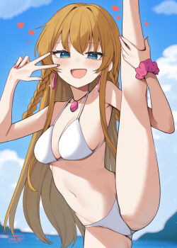 1girl :d bikini binsen blue_eyes blush braid breasts brown_hair cowboy_shot day earrings fingernails flexible hand_on_own_leg hands_up heart highres hoop_earrings idolmaster idolmaster_million_live! jewelry kousaka_umi leg_lift leg_up long_fingernails long_hair looking_at_viewer nail_polish navel necklace open_mouth outdoors pink_nails pink_scrunchie scrunchie smile solo split standing standing_on_one_leg standing_split swimsuit twin_braids w white_bikini wrist_scrunchie