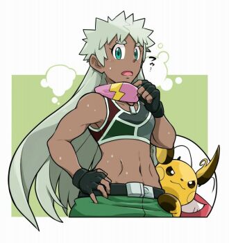 1girl abs after_exercise blonde_hair dark-skinned_female dark_skin different_hair_style dog_tags electrode_(pokemon) fingerless_gloves gen_1_pokemon gloves green_eyes gym_leader hair_down headband_around_neck mabu_(dorisuto) military military_pants military_uniform muscular muscular_arms muscular_female nintendo pokemon pokemon_(anime) pokemon_journeys raichu sports_bra steaming_body sweat thick_eyebrows tomboy unworn_headband visquez_(pokemon)