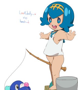 1girl arevix123 blue_eyes blue_hair breasts bucket english_text female_focus fishing_rod gen_7_pokemon lana_(pokemon) loli nintendo nipple_slip nipples no_panties panties_around_leg plump pokemon pokemon_(creature) pokemon_sm popplio pussy shirt short_hair sideboob standing_on_object stomach
