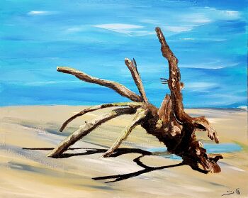 absurdres bare_tree beach blue_sky commentary driftwood eli_gross english_commentary highres no_humans original puddle sand scenery sky traditional_media tree