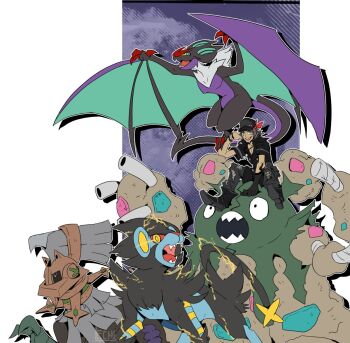 1boy bandana baseball_cap boots bracelet claws cowboy_boots crossover dark-skinned_male dark_skin electricity facial_mark fangs garbodor gen_4_pokemon gen_5_pokemon gen_6_pokemon gen_7_pokemon grey_hair hat jewelry legendary_pokemon luxray minamimoto_sho monster nintendo noivern open_mouth pants pokemon pokemon_(creature) sitting_on_creature smile spiked_hair subarashiki_kono_sekai tail tattoo torn_clothes torn_legwear torn_pants type:_null vest waistcoat whisker_markings