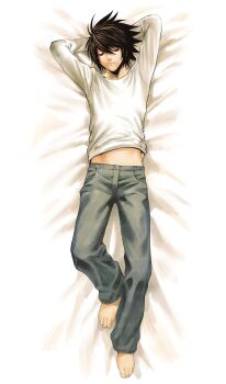 1boy absurdres bags_under_eyes barefoot black_hair closed_eyes closed_mouth death_note denim highres jeans l_(death_note) long_sleeves male_focus midriff_peek nifast_(greentail) pants pocket shirt short_hair solo toenails white_shirt