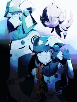 1boy 1girl braid commentary_request creature dark dulse_(pokemon) flat_chest floating gen_7_pokemon happy long_hair looking_at_viewer nintendo poipole pokemon pokemon_(creature) pokemon_usum ric_(aceradio) serious smile standing tongue tongue_out ultra_beast ultra_recon_squad_uniform upper_body waving zossie_(pokemon)