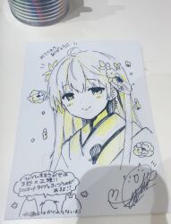 Rule 34 | 1girl, ahoge, blush stickers, closed mouth, commentary request, flower, hair between eyes, hair flower, hair ornament, highres, japanese clothes, kimono, long hair, natsume eri, original, partially colored, photo (medium), signature, smile, solo, traditional media, translation request