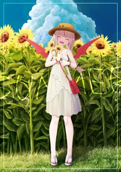 1girl :d ^_^ absurdres bag bangle bare_shoulders black_ribbon blunt_bangs blush bow bracelet braid closed_eyes cloud collarbone commentary_request cumulonimbus_cloud demon_wings dress fangs field flower flower_field full_body grey_hair hair_ribbon handbag hat hat_bow highres holding holding_flower jewelry lace_trim long_hair looking_at_viewer makaino_ririmu makaino_ririmu_(3rd_costume) multicolored_hair nanome_to nijisanji no_socks open_mouth partial_commentary platform_sandals pointy_ears red_bag red_eyes red_hair red_wings ribbon sandals see-through_clothes see-through_skirt shoulder_bag sidelocks skirt sky sleeveless sleeveless_dress smile solo standing strap_slip straw_hat streaked_hair sundress sunflower sunflower_field twin_braids virtual_youtuber white_dress wings yellow_hat