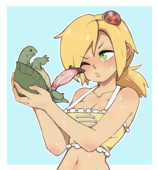 1boy 1girl animal_penis bestiality bikini blonde_hair blush breasts erection green_eyes gummuru huge_penis long_hair looking_at_viewer medium_breasts mila_(petz_wild_animals) nintendo one_eye_closed penis petz_wild_animals ponytail size_difference sweat swimsuit turtle veins veiny_penis