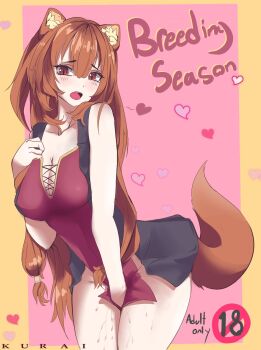 1girl animal_ear_fluff animal_ears between_legs black_dress blunt_bangs blush border breasts brown_hair cleavage collarbone commentary cover cowboy_shot crimson_rev dress english_commentary english_text hair_between_eyes hand_between_legs hand_on_own_chest highres in_heat long_hair looking_at_viewer metal_hair_tubes open_mouth orange_border outside_border pink_background pussy_juice pussy_juice_on_legs raccoon_ears raccoon_girl raccoon_tail raphtalia red_dress red_eyes short_dress sleeveless sleeveless_dress solo standing straight_hair tail tate_no_yuusha_no_nariagari thighs two-tone_dress