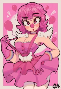1girl 2022 ace_attorney armor artist_name balloon bare_shoulders blush_stickers border breasts capcom choker cleavage clown_girl clown_nose commentary confused english_commentary female_focus frilled_skirt frills geiru_toneido gloves highres large_breasts long_hair looking_at_viewer medium_hair multicolored_choker narrow_waist open_hand outside_border pauldrons phoenix_wright:_ace_attorney_-_spirit_of_justice pink_eyes pink_gloves pink_hair pink_lips puckered_lips rainbow rainbow_trim shoulder_armor skirt sleak solo standing suspenders suspenders_pull thighs upper_body