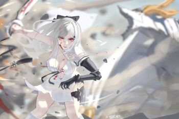 1girl artist_name black_bow blood blurry blurry_background bow breasts drag-on_dragoon drag-on_dragoon_3 dragon dress floating_hair hair_bow highres holding holding_sword holding_weapon large_breasts long_hair mechanical_arms mercaxy mikhail_(drag-on_dragoon) prosthesis prosthetic_arm red_eyes single_mechanical_arm standing sword twitter_username weapon white_dress white_hair