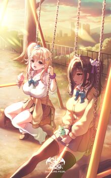 2girls :d bag belt_collar black_shoes black_skirt black_thighhighs blonde_hair blue_bow blue_bowtie blue_scrunchie bow bowtie breasts brown_bag brown_hair building buttons cardigan cardigan_around_waist cleavage clothes_around_waist collar collared_shirt commentary_request dark-skinned_female dark_skin day earclip earrings eyes_visible_through_hair fence food goddess_of_victory:_nikke hair_bow hair_ornament hair_over_one_eye hair_scrunchie hairclip highres holding holding_ice_cream_cone huge_breasts ice_cream ice_cream_cone jewelry korean_commentary large_breasts long_hair long_sleeves loose_socks mint_chocolate mole mole_under_eye multiple_girls naga_(nikke) on_swing one_side_up open_mouth outdoors parallel_hairclips pleated_skirt purple_bow purple_scrunchie school_bag school_uniform scrunchie shirt shoes short_sleeves sitting skirt skyline skyscraper smile socks swing swing_set thighhighs tia_(nikke) tree trhisell unworn_bag white_shirt white_socks wrist_scrunchie yellow_cardigan yellow_eyes