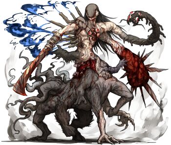 1other absurdres arm_blade armor bandaged_arm bandages black_hair blood blood_stain bloody_weapon blue_fire bug centauroid centipede claws covered_face dust extra_arms extra_eyes fire full_body fur gorilla_hand highres hooves horse_legs kankan33333 long_hair monster open_mouth original shoulder_armor simple_background solo spikes steam stitches taur teeth tentacles tube weapon white_background