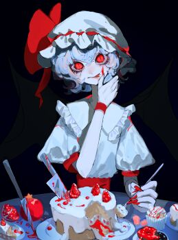 1girl black_background blue_hair cake commentary_request cupcake dessert donut eating fingernails food food_on_face fork frilled_sailor_collar frills fruit hat hat_ribbon highres holding holding_fork kitchen_knife knife licking_own_finger looking_at_viewer mashi_(pixiv_zcjd2538) mob_cap narrow_waist pale_skin pomegranate puffy_short_sleeves puffy_sleeves red_eyes red_nails remilia_scarlet ribbon sailor_collar sharp_fingernails short_hair short_sleeves sitting slit_pupils solo sweets table touhou upper_body vampire