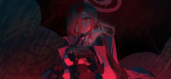 Rule 34 | 1girl, absurdres, black dress, black gloves, black necktie, blue archive, braid, braided hair rings, breasts, collared shirt, commentary, dress, eyewear on head, gloves, grey jacket, gun, hair over one eye, hair rings, halo, handgun, highres, holding, holding gun, holding umbrella, holding weapon, jacket, long hair, looking at viewer, medium breasts, mina (blue archive), munbinggu, necktie, open clothes, open jacket, outdoors, rain, red eyes, shirt, smoke, smoking barrel, solo, striped clothes, striped jacket, sunglasses, umbrella, vertical-striped clothes, vertical-striped jacket, weapon, white shirt