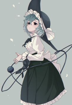 Rule 34 | 1girl, black hat, buttons, center frills, closed mouth, commentary request, cowboy shot, frilled skirt, frills, from side, green background, green eyes, green hair, green skirt, hat, hat ribbon, highres, juliet sleeves, komeiji koishi, long sleeves, looking up, puffy sleeves, ribbon, shirt, short hair, skirt, solo, tami (joemanyodw), third eye, touhou, white ribbon, white shirt