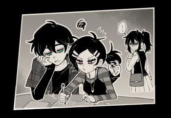 Rule 34 | ..., 1boy, 2girls, aged down, ahoge, andrew graves, ashley graves, bag, black border, book, border, bright pupils, brother and sister, camisole, closed mouth, collarbone, commentary request, double-parted bangs, eraser, flying sweatdrops, frown, green eyes, hair between eyes, hair ornament, hand in another's hair, hand on own cheek, hand on own face, highres, holding, holding pen, jacket, jewelry, layered sleeves, long hair, long sleeves, looking at another, looking back, looking down, mother and daughter, mother and son, multiple girls, necklace, open clothes, open jacket, open mouth, p okate, pen, pink eyes, plaid clothes, plaid jacket, ponytail, renee graves, shirt, short-sleeved jacket, short over long sleeves, short sleeves, shoulder bag, siblings, skirt, spoken ellipsis, squiggle, striped clothes, striped shirt, sweatdrop, sweater vest, table, the coffin of andy and leyley, upper body