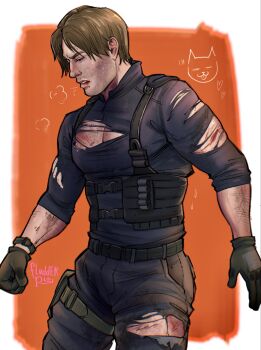 Rule 34 | 1boy, arm hair, belt, black belt, black shirt, blood, breath, brown hair, buckle, chest harness, commentary, english commentary, grey pants, harness, highres, holster, injury, leon s. kennedy, male focus, pants, parted hair, parted lips, resident evil, resident evil requiem, shell (fludderpy), shirt, snap-fit buckle, solo, standing, thigh holster, torn clothes, torn shirt