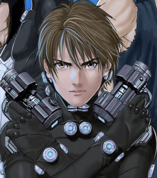 1boy black_bodysuit bodysuit brown_eyes brown_hair closed_mouth dual_wielding finger_on_trigger gantz gantz_suit gun hair_between_eyes hands_up highres holding holding_gun holding_weapon kurono_kei latex latex_bodysuit looking_at_viewer official_art oku_hiroya short_hair skin_tight solo_focus upper_body v-shaped_eyebrows weapon x-gun