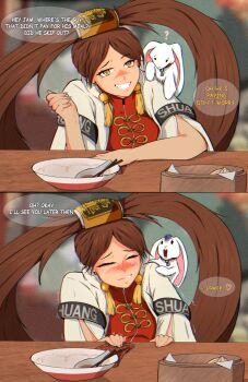 1girl 2boys 2koma biting_own_lip blush breasts brown_hair chinese_clothes closed_eyes comic english_text grin guilty_gear heart highres implied_cunnilingus kuradoberi_jam large_breasts long_hair looking_at_viewer meal multiple_boys pov rabbit scared sitting smile smuh spoken_heart sweat turn_pale very_long_hair yellow_eyes