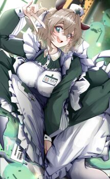 1girl absurdres apron breasts brown_hair cowboy_shot dress green_dress hair_between_eyes hat highres indie_virtual_youtuber large_breasts nimi_nightmare nurse_cap open_mouth punpond smile solo textless_version v virtual_youtuber white_apron