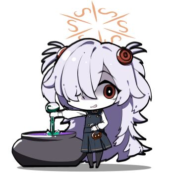 big_hair blue_archive bow bowtie cauldron chibi dress eyeshadow hair_ornament halo highres kanoe_(blue_archive) leggings long_hair makeup pantyhose potion red_eyes sleeve_cuffs twintails white_hair