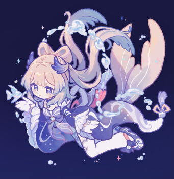 1girl arm_at_side back_ribbon blue_background blue_hair bow bow-shaped_hair brooch c: center-flap_bangs chest_bow choker colored_tips commentary_request cool_colored deformed dot_nose double-parted_bangs fin_hair_ornament fish floating floating_hair footwear_bow frilled_choker frilled_kimono frilled_sleeves frills genshin_impact gloves gradient_clothes gradient_kimono hair_ornament hand_up harukui high-low_skirt highres japanese_clothes jewelry kimono light_blush long_hair looking_ahead multicolored_hair off_shoulder open_hands pink_ribbon purple_bow purple_choker purple_eyes purple_kimono purple_ribbon purple_sandals ribbon sandals sangonomiya_kokomi simple_background smile solo sparkle tassel thighhighs very_long_hair water water_drop white_gloves white_kimono white_thighhighs zouri