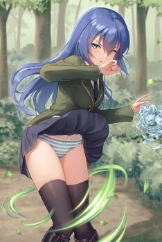 1girl aerokinesis black_necktie black_skirt black_thighhighs blazer blue_eyes blue_hair bush clothes_lift commentary_request commission day feet_out_of_frame floating_hair forest green_jacket hair_between_eyes highres hydrokinesis jacket kamuchin_soda knees_together_feet_apart leaf long_hair long_sleeves looking_at_viewer nature necktie one_eye_closed original outdoors paid_reward_available panties parted_lips school_uniform skeb_commission skirt skirt_lift solo standing striped_clothes striped_panties thighhighs tree underwear v-shaped_eyebrows very_long_hair water wind wind_lift