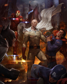 5boys armor bald batman battle bruce_wayne building cape captain_america city clenched_hand clenched_teeth clothes_grab cloud cloudy_sky crossover dc_comics debris embers epic fire floating gloves helmet highres iron_man kal-el kryptonian lens_flare male_focus marvel mask motion_blur multiple_boys multiple_crossover muscular no_pupils one-punch_man red_cape red_gloves saitama_(one-punch_man) sky skyscraper steve_rogers superhero_costume superman teeth tony_stark torn_clothes watermark web_address white_cape woo_chul_lee
