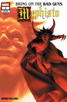 absurdres black_hair black_nails boots cape character_name colored_sclera colored_skin comic_cover company_name copyright_logo copyright_name cover cover_page demon_boy english_text fangs fingernails gloves glowing glowing_eyes highres logo marvel medium_hair mephisto_(marvel) miguel_mercado muscular muscular_male no_pupils official_art pointy_ears realistic red_boots red_cape red_loincloth red_skin sharp_fingernails solo spiked_hair widow's_peak yellow_sclera