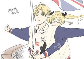 Rule 34 | 10ban, 1boy, 1girl, 2024 summer olympics, axis powers hetalia, black bow, blonde hair, blue jacket, bow, flag, floating hair, genderswap, genderswap (mtf), glasses, hair bow, holding, holding flag, hug, hug from behind, jacket, jitome, olympics, outstretched arms, parody, scene reference, shirt, simple background, sportswear, thick eyebrows, titanic (movie), twintails, uniform, union jack, united kingdom (female) (hetalia), united kingdom (hetalia), upper body, white background, white jacket, white shirt