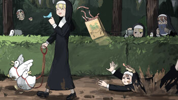 >_< 5girls :d ^_^ absurdres animal animal_on_hand animal_on_head bag bible_(object) bird blonde_hair blue_eyes book brown_hair bush calling can closed_eyes clumsy_nun_(diva) commentary covering_own_mouth cross dirty dirty_clothes diva_(hyxpk) duck earthworm english_commentary falling footprints frog froggy_nun_(diva) full_body glasses glasses_nun_(diva) grass habit hands_on_own_face heart heart-shaped_pupils hedge hiding highres holding holding_book holding_can hungry_nun_(diva) leash listening little_nuns_(diva) looking_back lying mud multiple_girls nun on_head on_stomach open_mouth original paper_bag peeking_out red_hair round_eyewear shoe_print slice_of_life smile spicy_nun_(diva) spread_wings string string_phone sweatdrop symbol-shaped_pupils tinted_eyewear tongue tongue_out traditional_nun triangle_mouth walking worm