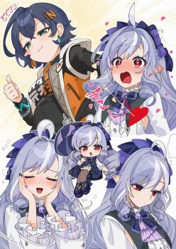 2girls arrow_through_heart ascot belle_(zenless_zone_zero) black_nails black_shirt blush bow bowtie bracelet breast_curtains center_frills chibi commentary_request drill_hair earrings fang frills from_below gem gotoh_(nekocat) green_eyes hair_between_eyes hair_ornament hairband hands_on_own_face heart highres holding holding_umbrella jewelry letter_hair_ornament light_smile long_hair looking_at_another mole mole_under_eye multiple_girls open_mouth pantyhose pointy_ears purple_ascot purple_bow purple_bowtie purple_gemstone purple_hair purple_hairband purple_umbrella red_eyes shirt short_hair shrug_(clothing) sideboob_cutout skin_fang sleeveless sleeveless_jacket speech_bubble sweat thought_bubble thumbs_up umbrella vivian_banshee white_background white_shrug yuri zenless_zone_zero