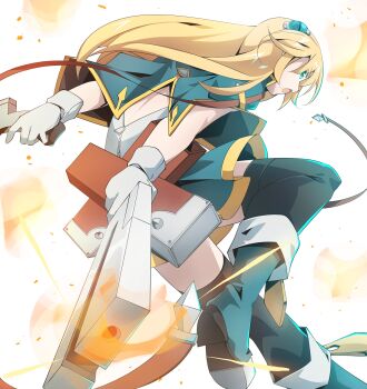 absurdres arms_behind_back black_thighhighs blazblue blonde_hair blue_boots blue_eyes blue_jacket blue_sky boots dual_wielding foot_out_of_frame from_behind gun highres holding holding_gun holding_weapon jacket long_hair noel_vermillion shirt simple_background sky swiftatk777 thighhighs weapon white_background white_shirt