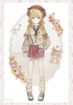 1girl aoyagi874 beret blonde_hair blush border bow braid buttons commentary crossbody_bag cup floral_print frilled_cuffs frilled_shirt_collar frilled_skirt frills full_body green_eyes hair_bow hat highres leg_warmers long_hair long_sleeves looking_at_viewer multiple_hair_bows neckerchief open_mouth original painting_(medium) pale_skin pleated_skirt round_bag sailor_collar shoes skirt solo spoon standing straight-on stuffed_animal stuffed_toy swept_bangs teacup teddy_bear traditional_media twin_braids watercolor_(medium) white_border